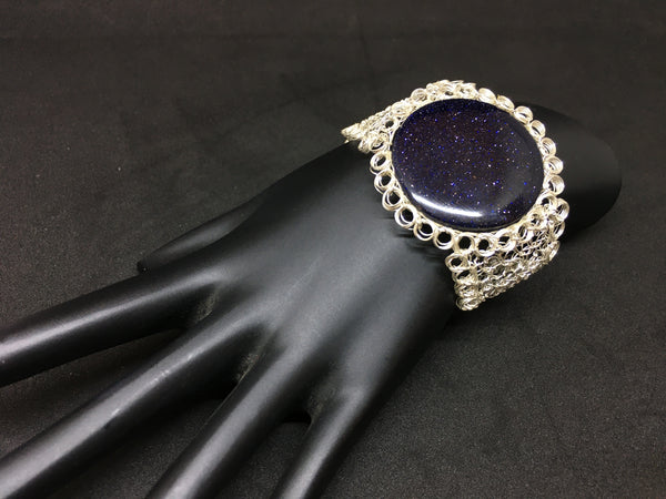 Sterling Silver Hand Crocheted Blue Goldstone Bracelet