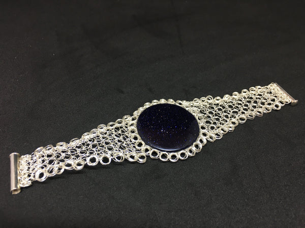 Sterling Silver Hand Crocheted Blue Goldstone Bracelet