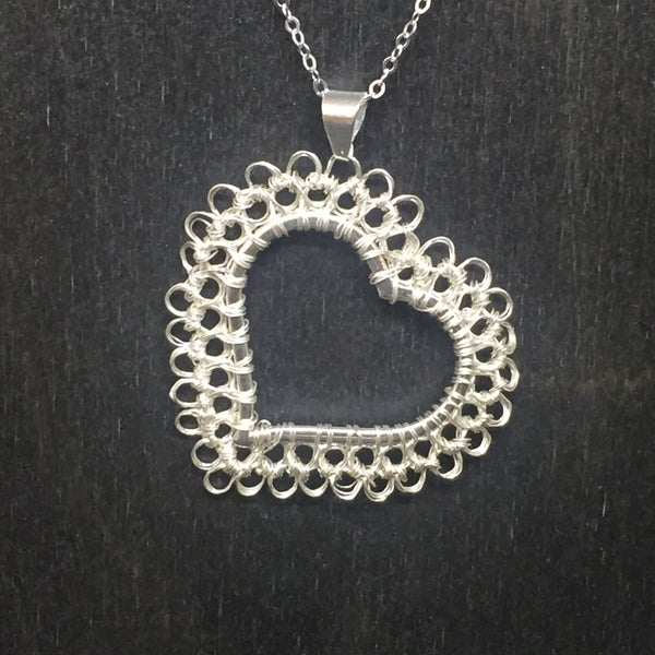 Sterling Silver Wire Crocheted Heart Necklace