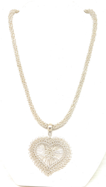 Sterling Silver Wire Crocheted Heart Necklace