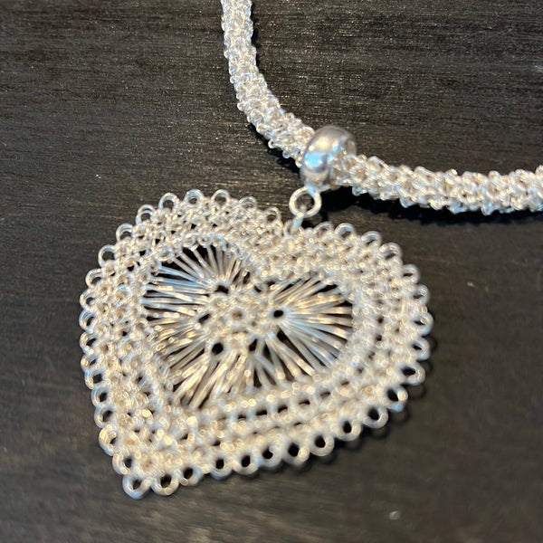 Sterling Silver Wire Crocheted Heart Necklace