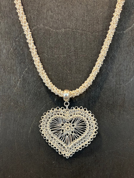 Sterling Silver Wire Crocheted Heart Necklace