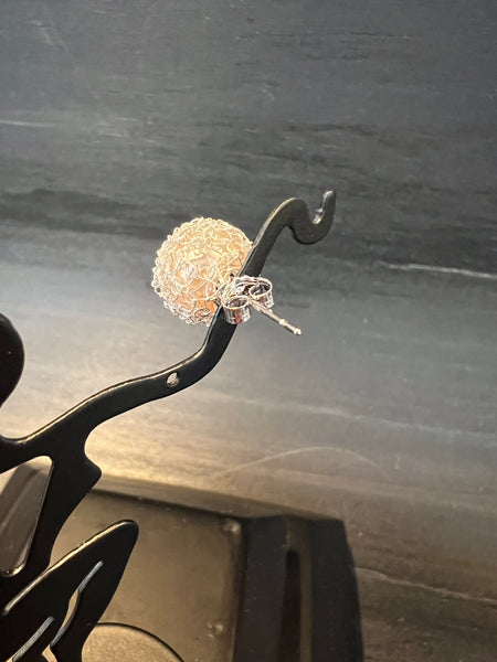 Sterling Silver Wire Crocheted Freshwater Pearl Earrings