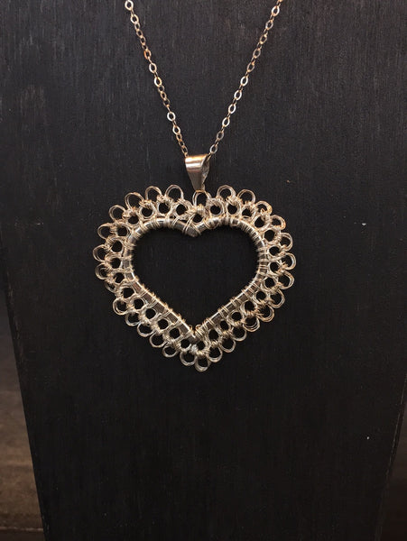 Sterling Silver Wire Crocheted Heart Necklace