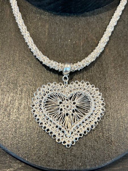 Sterling Silver Wire Crocheted Heart Necklace