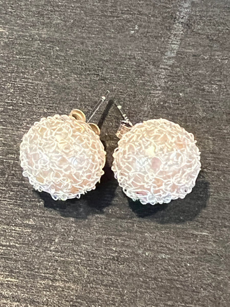 Sterling Silver Wire Crocheted Freshwater Pearl Earrings