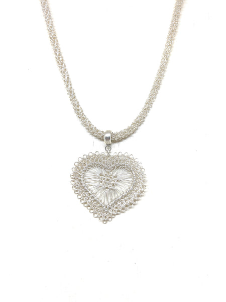 Sterling Silver Wire Crocheted Heart Necklace