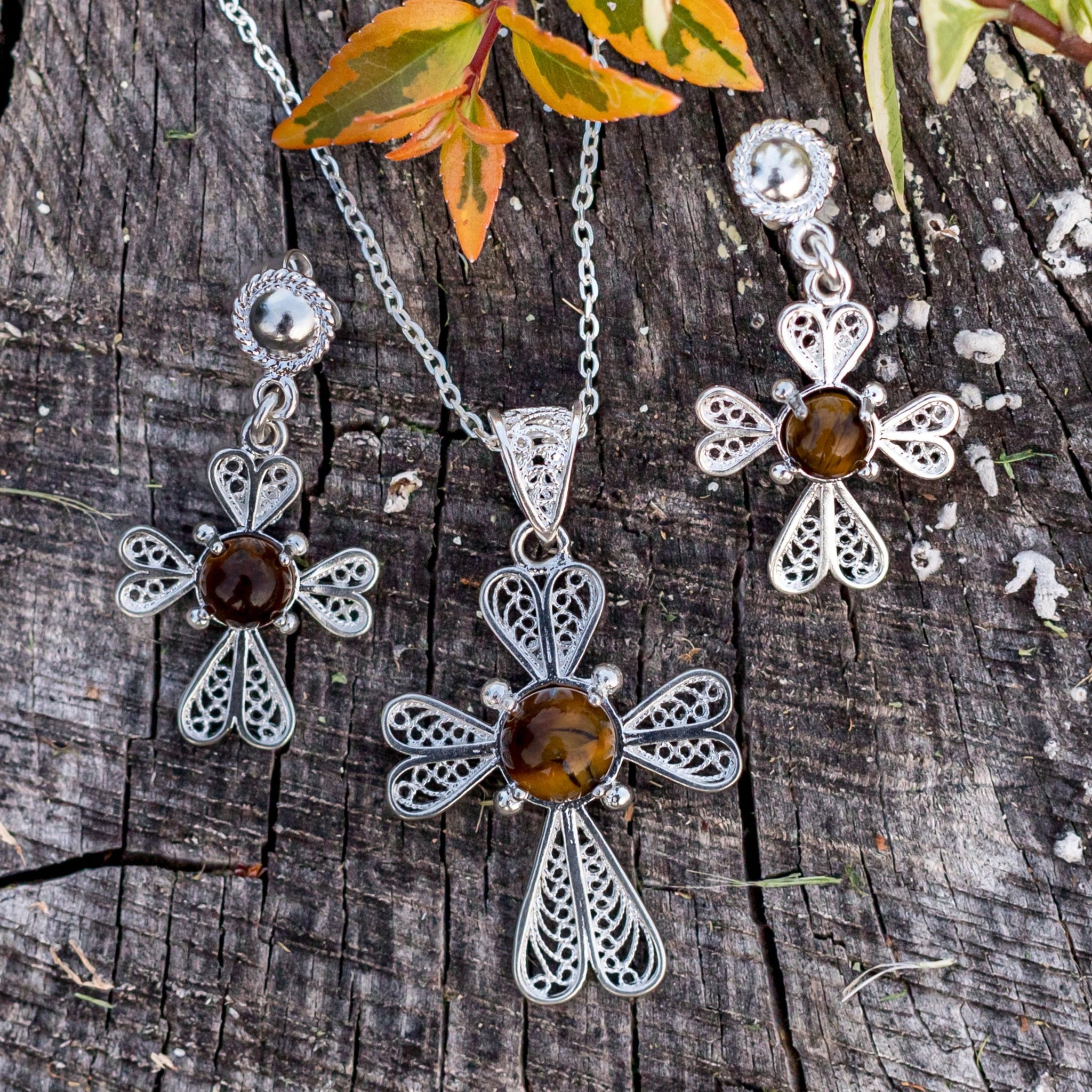 Tiger Eye Cross Necklace and Earring Set
