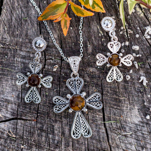 Tiger Eye Cross Necklace and Earring Set