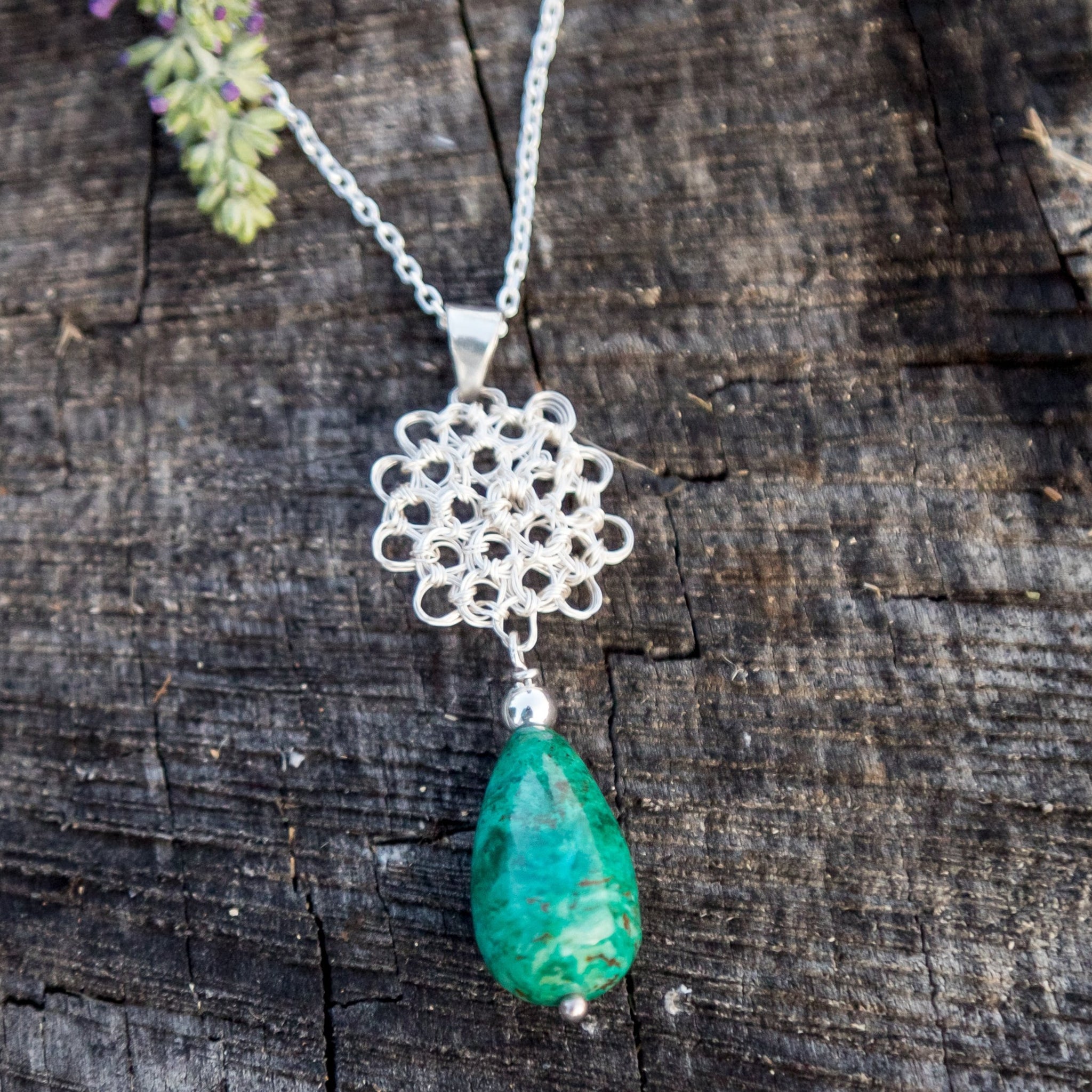 Chrysocolla Wire Crochet Teardrop Necklace