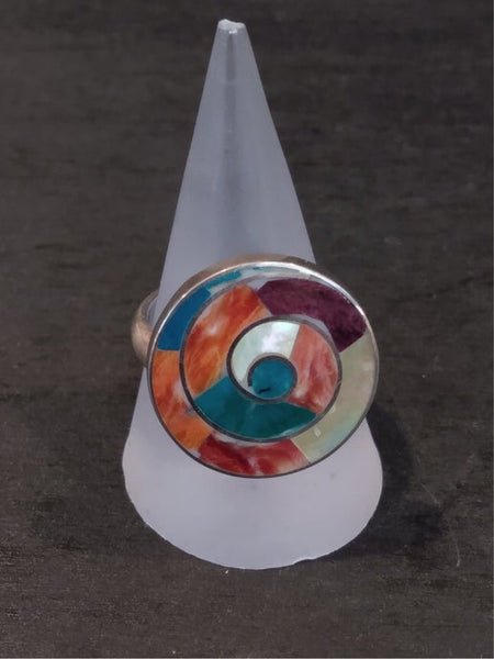 Peruvian Sterling Silver Inlaid Adjustable Ring