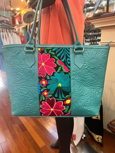 Embroidered Leather Tote Bag