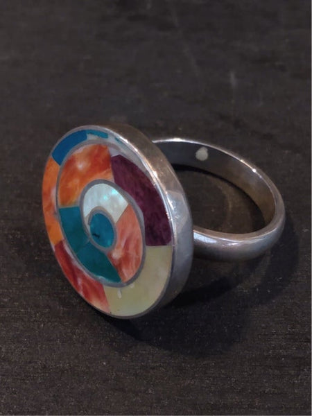Peruvian Sterling Silver Inlaid Adjustable Ring